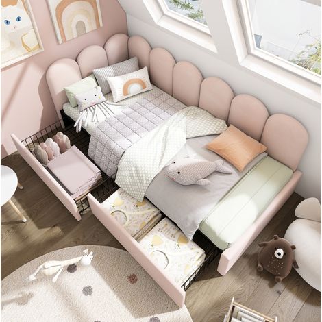 Letto singolo in velluto rosa 90x200 cm con 2 cassetti, testiera imbottita e rete a doghe inclusa (1/5)