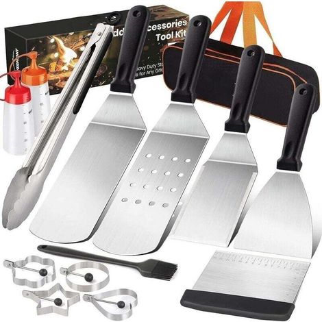 royaluxe - Spatules pour Barbecue 13 Pièces Ensemble d'Accessoires Plaque Chauffante Professionnelle BBQ et Grattoir à Gril Flipper Ustensiles Set en Acier Inoxydable Teppanyaki avec Sac de Transport (1/5)