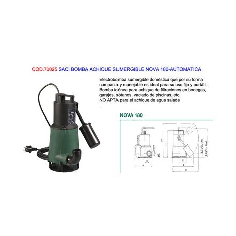 SACI BOMBA AGUA  SUMERGIBLE 5 M3/H NOVA 180-AUTOMATICA 0.28 HP (1/2)