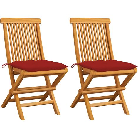 vidaXL Chaises pliantes avec coussins rouges, 2 pièces, en teck massif (1/5)