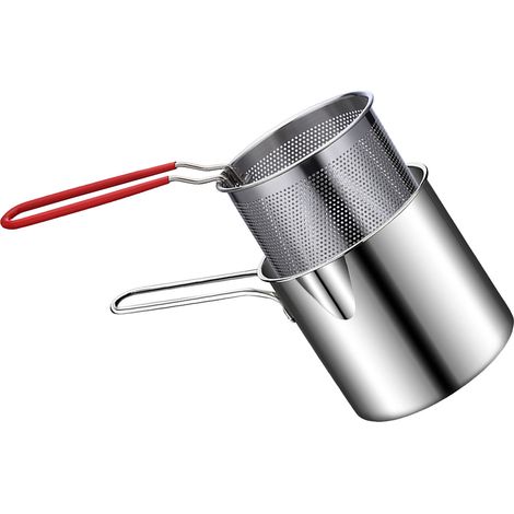 Poêle à frire profonde en acier inoxydable, durable, portable, mini poêle à long manche avec passoire pour la maison (1/5)