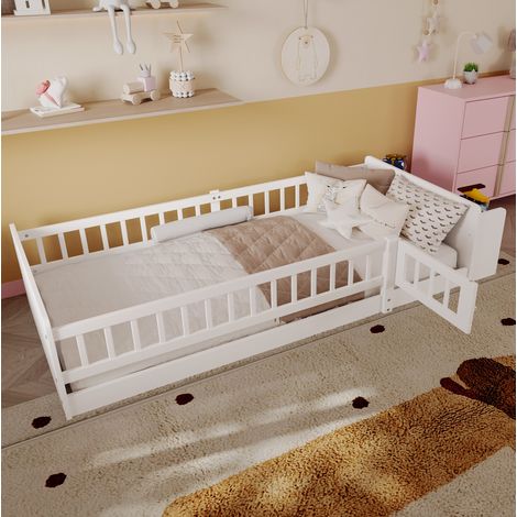 Letto per bambini moderno 90x200 cm in pino bianco con contenitori aperti, mensole e cancelletto apribile (1/5)