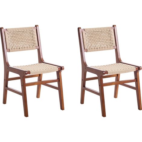 Set di 2 sedie da pranzo Struttura in legno di gomma Seduta e schienale in corda di carta Sala da pranzo Boho Marrone e Beige Ozella