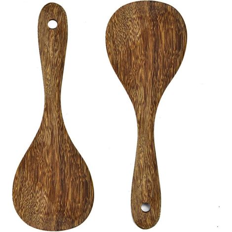 Rice Paddle - Natural Solid Wood - Ergonomic Thick Handle - Water-Repellent Surface - For Rice Pot Serving - 2 Pieces (1/5)