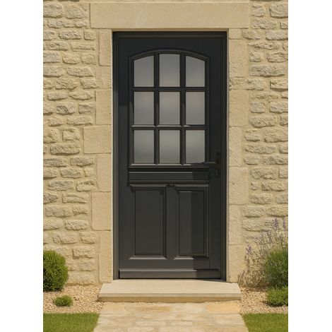 Puerta de entrada de madera con cristal Alicia gris antracita, H.215 x L.80 cm, lado del tablero izquierdo, pomo, bombín, GD MENUISERIES