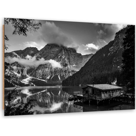 Quadro deco panel, Cottage di montagna sul lago - bianco e nero - 100x70 (1/5)