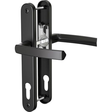 1 jeu de poignée de porte en aluminium UPVC noir, 92 mm PZ (centres), plaque arrière 243 mm, vis à vis 210 mm, poignée de porte en PVC de remplacement noire (1/5)