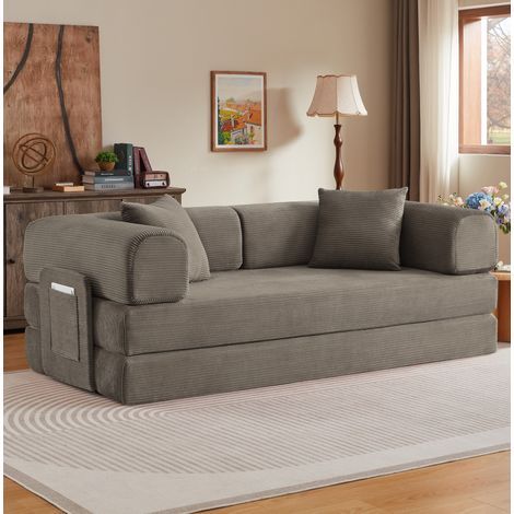 Sofá cama plegable de dos plazas, asiento tipo banco de espuma, estructura de acero, pana - color topo (1/5)