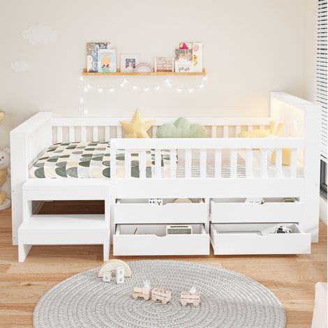 Cama infantil 90/200 cm blanca con LED, cajones, escalones y barandillas de seguridad (1/5)