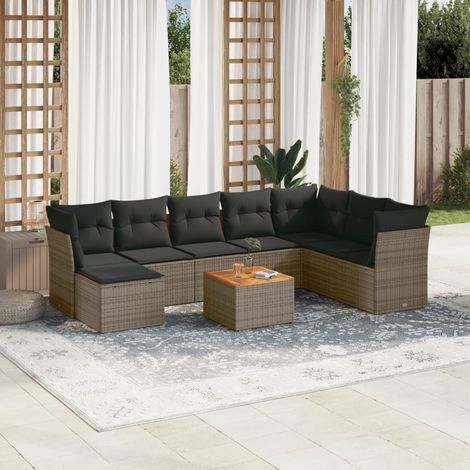 Salon de jardin modulable 9 pièces gris en résine tressée avec coussins, rangements intégrés et table plateau acacia 55 cm (1/5)