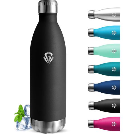 Gourde 1l Isotherme Sans BPA Inox 24h Froid 12h Chaud Bouteille Anti Fuite Double Vide Bouteille d'eau pour Bureau Voyage Camping Sport Randonnée Noir (1/5)