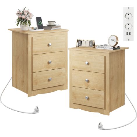 Lot de 2 tables de chevet 3 tiroirs avec station de charge, ports USB et prises, meuble de rangement pour chambre, salon et bureau, chêne (1/5)