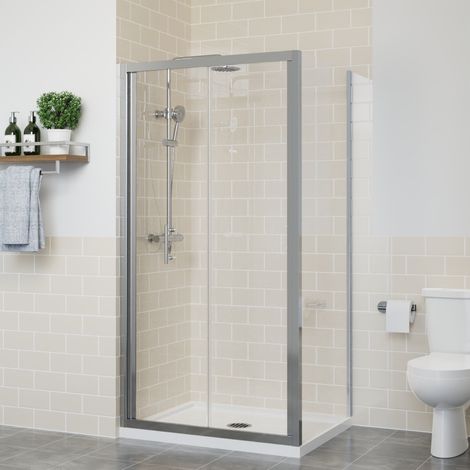 Bi Fold Shower Door Enclosure Bathroom Walk In Cubicle Safety Glass Screen Chrome with Side Panel 1000x700mm (1/5)