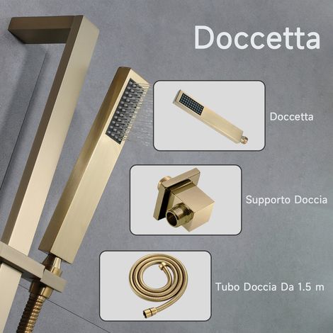 Colonna Doccia,Sistema Doccia Termostatica Multifunzione,550×550 mm soffione doccia quadrato,3 modalità doccia,Con luce LED e musica,Colonna doccia Oro spazzolato,Con doccetta e Asta di sollevamento (1/5)