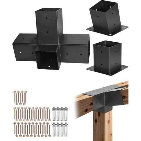 Kit de Soportes para Pérgola Inclinado de 10 x 10 cm y 4 Vías para Vigas de Madera de 92 x 92 mm en Tamaño Real, de Acero al Carbono, con Base de Poste y Base de Montaje en Pared, 3 uds (1/5)