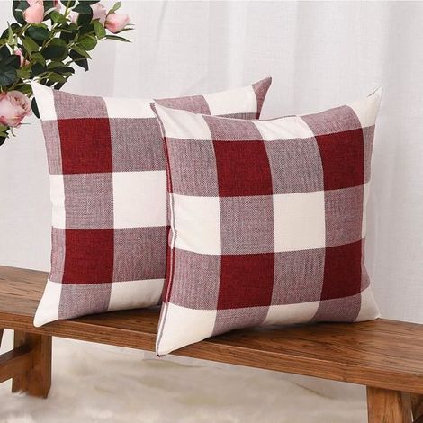Cushion cover - Noname - 45 x 45 cm - Cotton and linen - Red and white - 2 pieces