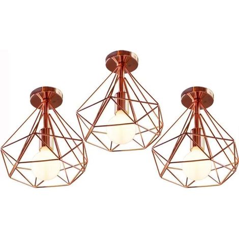 U-Do 3Pcs Plafonnier Luminaire Vintage Lampe Cage en Fer Or Rose E27 25cm Ampoule non Inclus (1/4)