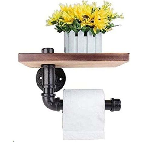Porta carta igienica con mensola decorativa da parete - Stile industriale - Tubo in acciaio - Con mensola in legno per la decorazione del bagno -Crezuo