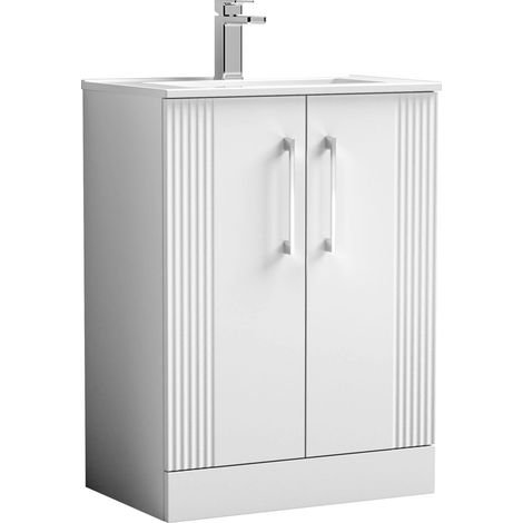 Belvide Partial Fluted 2 Door Floor Standing Vanity Unit with 1 Tap Hole Minimalist Basin - 600mm - White