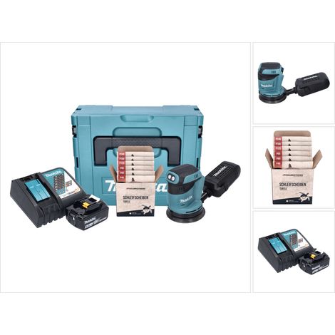 Makita DBO 180 RT1J Akku Exzenterschleifer 18 V 125 mm + 1x Akku 5,0 Ah + Ladegerät + Toolbrothers TURTLE Schleifset + Makpac