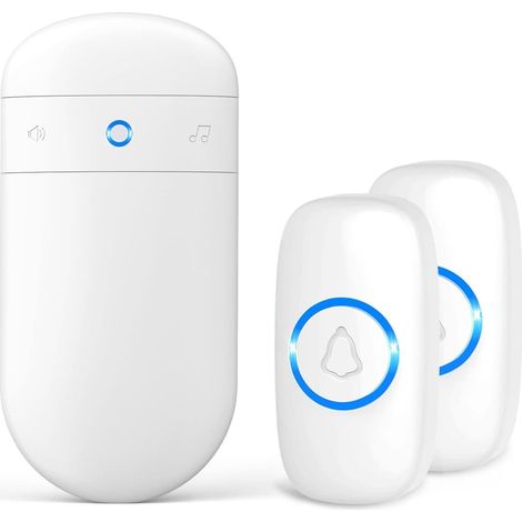 Sonnette Sans Fil Exterieur Etanche, 1 Récepteur + 2 Émetteur, Doorbell Avec 58 Mélodies Carillon, 120dB 5 Niveaux Volume, LED, 300m Longue Portée Sonette Pour Maison/Appartement/Bureau, Blanc (1/5)