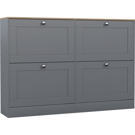 4 Drawer Shoe Cabinet Wooden Shoe Storage Unit, H 80 x W 105 x D 24 cm, Grey and Oak