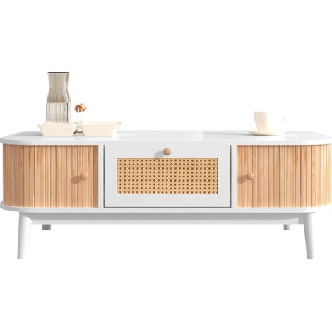 Table basse avec rangement en MDF blanc et détails en résine tressée, portes en bois, 110 x 55 x 38,5 cm, style campagne chic pour salon, CHICFURN (1/5)
