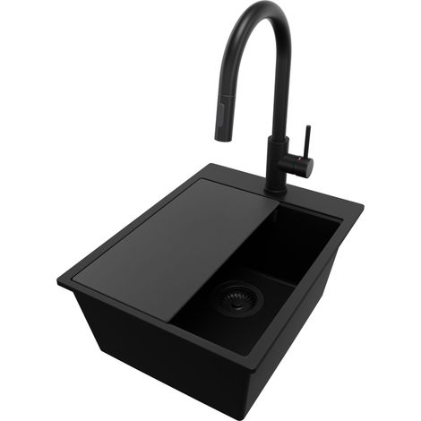 PRIMAGRAN Evier Cuisine en Granit 38x50cm, Lavabo 1 bac + Robinet 40x20cm + Kit de Vidage + Accessoire, Évier à Encastrer au meuble 40cm - Oslo, Tout Noir (1/5)