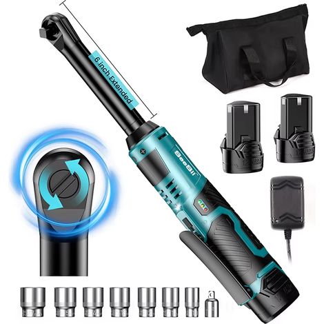 Clé à cliquet rechargeable 12V 55 Nm 3/8" – cliquet électrique sans fil 6" haute performance, poignée ergonomique, tête inclinée pour entretien automobile et atelier mécanique