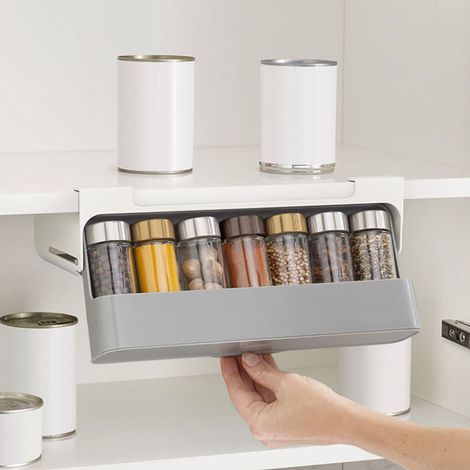 Unterbau-Gewürzregal mit 6 verschiebbaren Fächern für Gewürzflaschen, kein Bohren erforderlich, bietet Platz für 7 Gewürzgläser. (1/5)