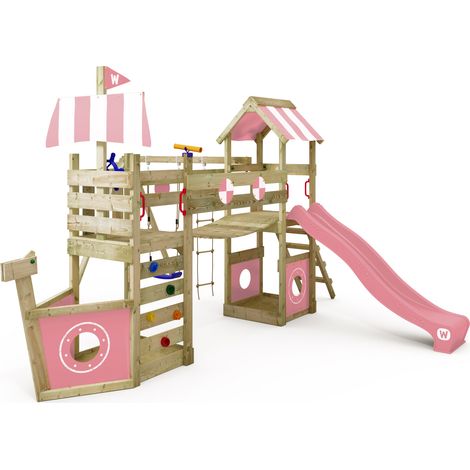 Juego de jardin de madera Wickey StormFlyer con Columpio y Areneros en rosa claro