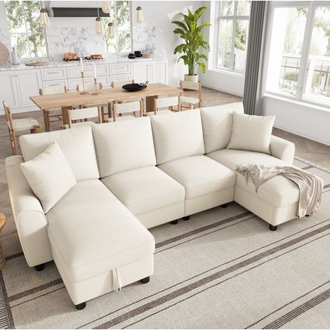 Canapé en U 280x137x84 cm beige en chenille avec rangement et coussins (1/5)