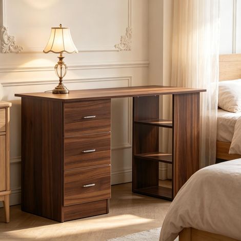 Table d'ordinateur 120x49x72 cm, 3 tiroirs, 3 compartiments ouverts, MDF, configurable gauche/droite, blanc (1/5)