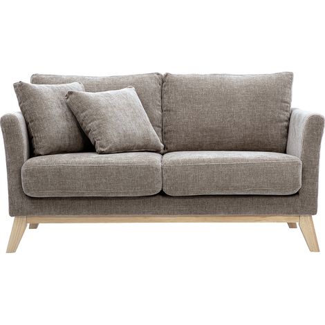 Sofá escandinavo desenfundable de 2 plazas en tela efecto terciopelo texturizado taupe y madera clara OSLO (1/5)