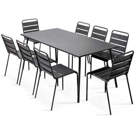 Oviala – Ensemble table de jardin rectangulaire 8 places en acier thermolaqué – Chaises empilables avec assise ajourée – Résistant aux intempéries