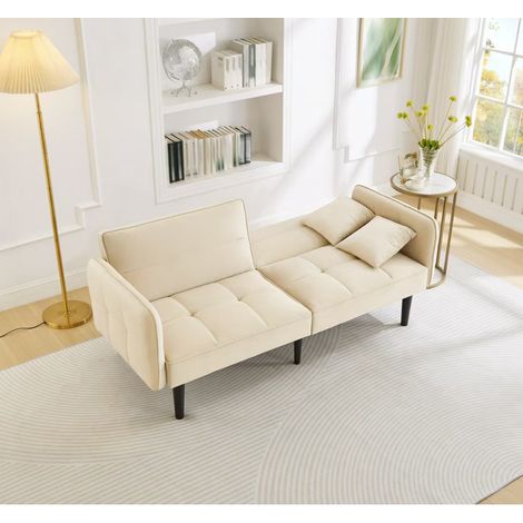Clic-Clac 2 Plazas en Terciopelo con Respaldo Ajustable 3 Posiciones, Brazos Abatibles y 2 Cojines, Beige