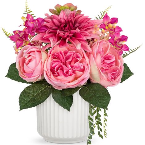 Dahlia artificiel avec pot en céramique - Fleurs artificielles - Fleurs artificielles en soie - Bouquet de fleurs artificielles pour la maison, fête d'anniversaire (1/5)