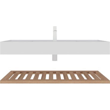 Hängender Badmöbel 120 cm mit integriertem Waschbecken aus weißem Kunstharz und Holzoptik-Ablage (1/4)