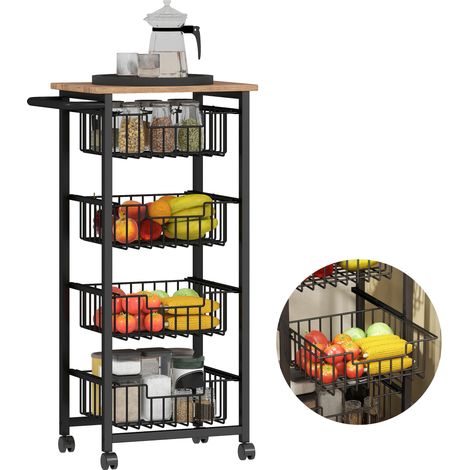 HOMCOM carrito de cocina carrito verdulero para cocina con 4 cestas deslizables y marco de acero para comedor 49,5x31x91 cm roble