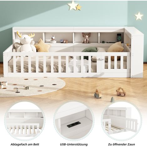 Lit de jour 90x200 cm, canapé convertible avec table de nuit à tiroirs, sommier en lattes (hors matelas), barrière de protection, panneaux agglomérés, prise électrique et port USB, blanc (1/5)