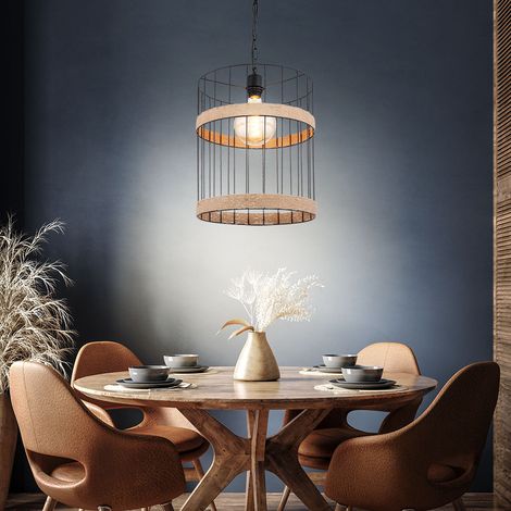Lampe à suspension Lampe de table industrielle Lampe à suspension de salon, grille métallique noire, corde de chanvre, 1x E27, DxH 35 x 145 cm (1/5)