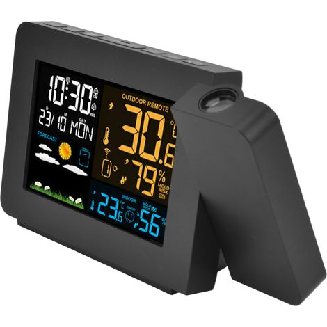 Digitales Innen-/Außenthermometer mit Projektion, Wettervorhersage, Hygrometer, 60 m Reichweite, Uhr, 100–240 V (EU) (1/5)