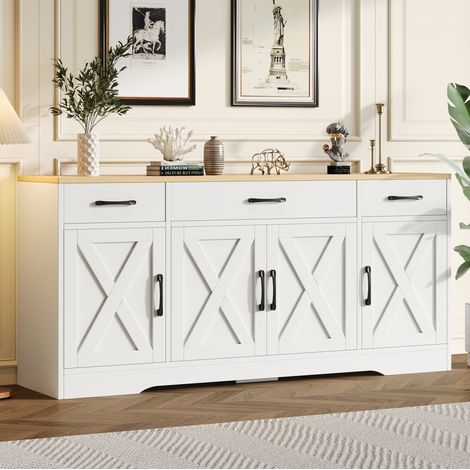 Buffet blanc mat avec 3 tiroirs, glissières silencieuses, en MDF, 160x37x75 cm