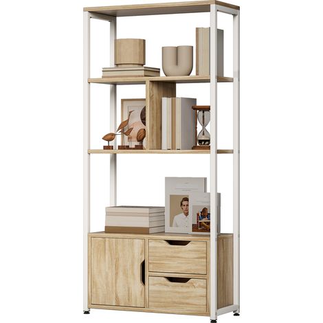 Bibliothèque 5 étagères, tiroir et porte 58x24x122 cm Industriel Blanc Bois Naturel