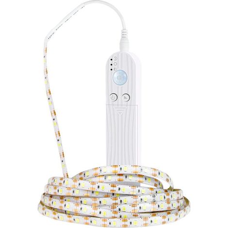 Bande LED avec détecteur de mouvement, bande LED de 2 m à piles avec télécommande infrarouge, 3500 K, blanc chaud, éclairage pour chambre à coucher, armoire et escaliers (1/5)
