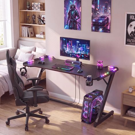 Bureau Informatique Ergonomique avec LED RGB, Surface en Fibre de Carbone, 140 x 60 x 76 cm, Noir de carbone (1/5)