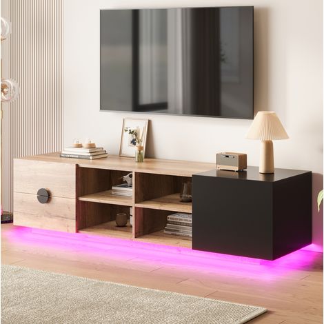 Mueble para TV de madera de ingeniería negro y tono madera natural, 180x38.5x47 cm, con cajón, armario, estantes y LED (1/5)
