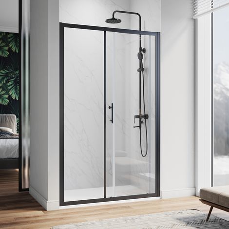 ELEGANT 1000mm Sliding Shower Door Black Frame Bathroom screen glass + 1000 x 700mm Slip-Resistance Shower Tray with Waste and Resin Cover Grate (1/5)