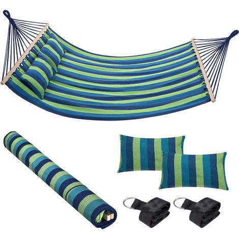 Amaca Giardino 2 Posti Legno Cotone Relax Esterno Campeggio 345x150cm Righe Blu