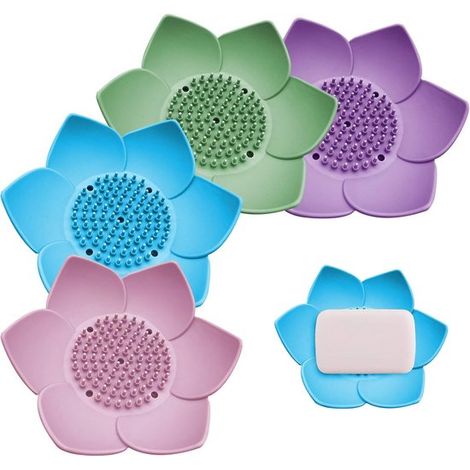 Set mit 4 blütenförmigen Silikon-Seifenspendern mit Abflusslöchern für einfache Reinigung, rutschfest und langlebig, ideal für Bad und Küche (1/5)